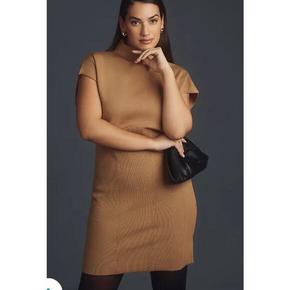 Anthropologie Dresses & Skirts - NEW By Anthropologie 1X Mock-Neck Mini Dress Camel Minimalist Sweater Classic